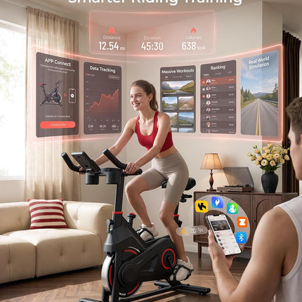Exercise Bike, 80% Pre-assembled Stationary Bikes for Home with App, Infinite Resistance 6-Way Adjustment 330LBS Capacity, Low Noise Indoor Cycling Bike Workout Bike with Fitness Courses
