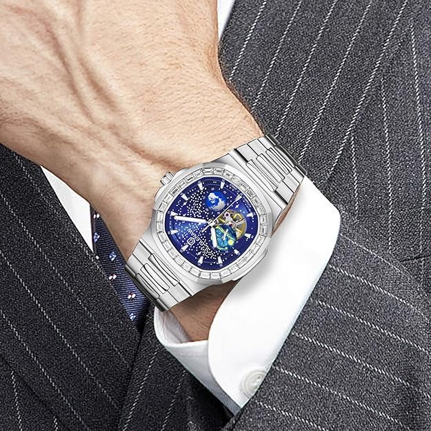 Automatic Tourbillon Watches for Men, Square Skeleton Watch Stainless Steel Self-Winding Mechanical Watch Wrist Watch