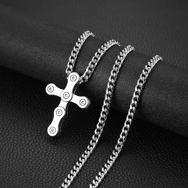 HZMAN Silver Cross Necklace for Men Hip Hop Stainless Steel Rotatable Bicycle Chain Men's Cross Pendant Necklace Jewelry Gift