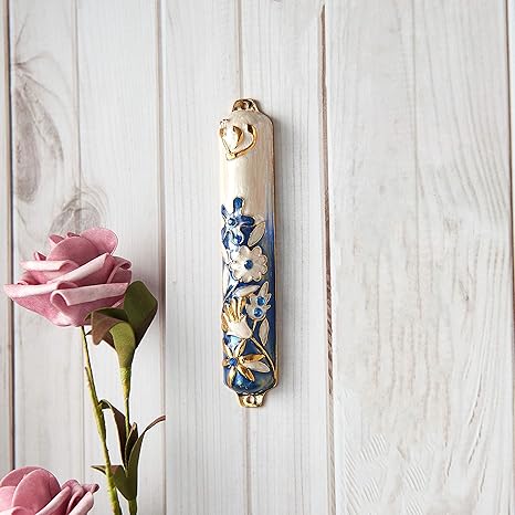 Matashi Hand Painted Blue and Ivory Enamel Flower Mezuzah Embellished with Gold Accents and Crystals Home Door Wall Decor Housewarming Present Gift for Festival(5.5 inch)