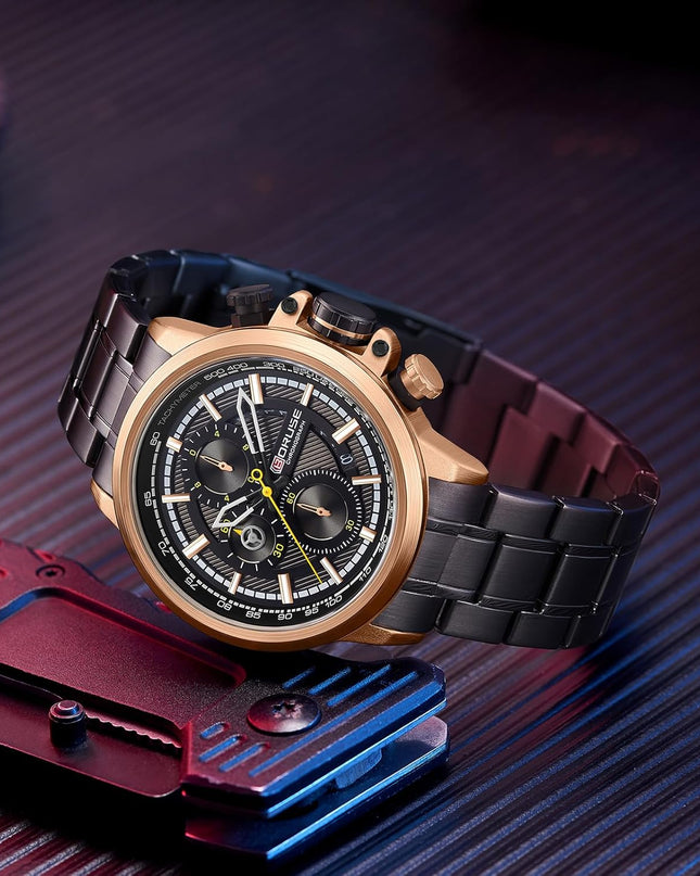 Business Watches for Men Black Stainless Steel Mens Quartz Watch Fashion Luxury Chronograph Waterproof Luminous Calendar Man Casual Analog Wristwatch