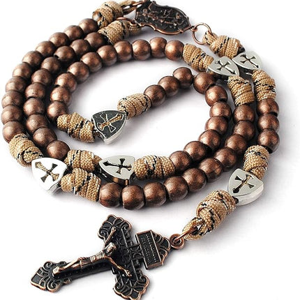 Large and Heavy Antique Bronze Metal Beads Rugged Durable Paracord Rosary Necklace with St.Michael Center Piece and Pardon Crucifix for Men
