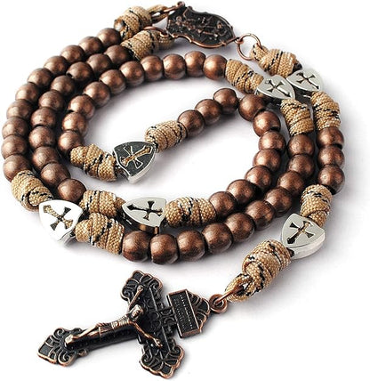 Large and Heavy Antique Bronze Metal Beads Rugged Durable Paracord Rosary Necklace with St.Michael Center Piece and Pardon Crucifix for Men