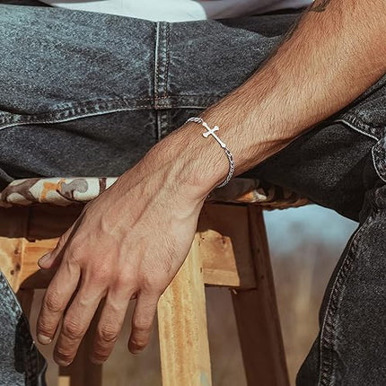 Silver Cross Bracelets for Men,Stainless Steel Cross Bracelets for Men Boys Adjustable Bracelet for Men Mens Silver Cross Bracelet Jewelry