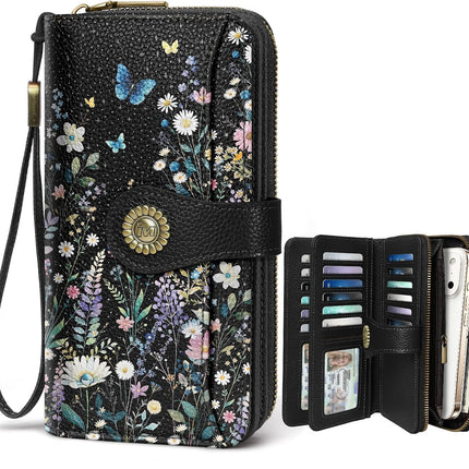 Jogjam Wristlet Women Clutch Phone Wallet, RFID Long Zip Around, Flowers