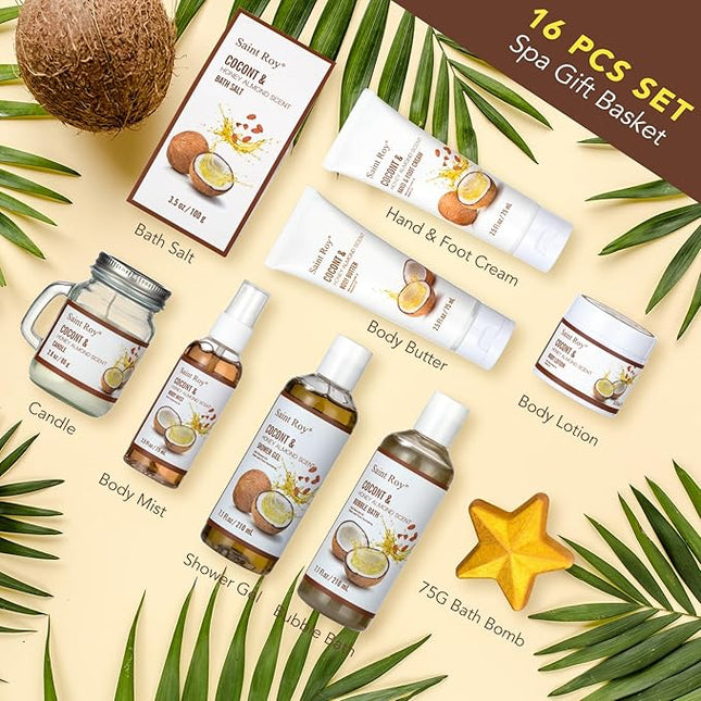 Spa Gift Basket Luxury Bath and Body Basket Set 17-Piece Coconut Honey Almond bath basket for Women for Mom Her Large Luxury Home Spa Kit, Relaxing Self Care Pamper Gifts Birthday Bridal Shower Bath