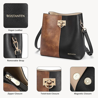 BOSTANTEN Crossbody Bucket Shoulder Bags for Women Vegan Leather Purse Cross Body Handbag Multiple Pockets