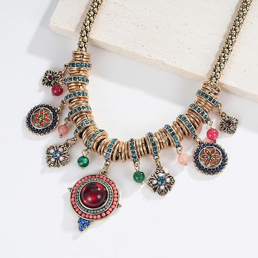 SUNLAND Bohemian Multicolor Round Pendants Enamel Rhinestone Ethnic Necklace for Women