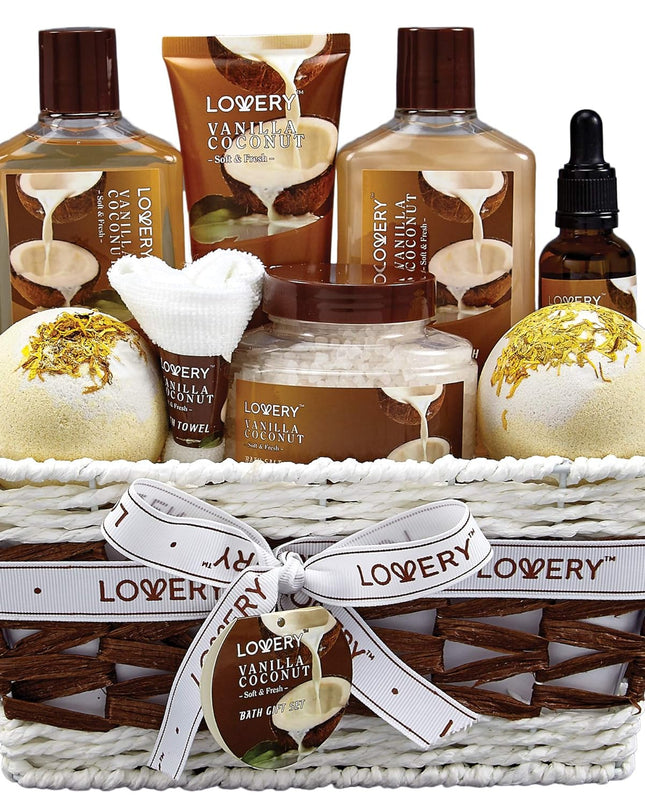 Bath and Body Gift Basket For Women and Men – 9 Piece Set of Vanilla Coconut Home Spa Set, Includes Fragrant Lotions, Extra Large Bath Bombs, Coconut Oil, Luxurious Bath Towel & More