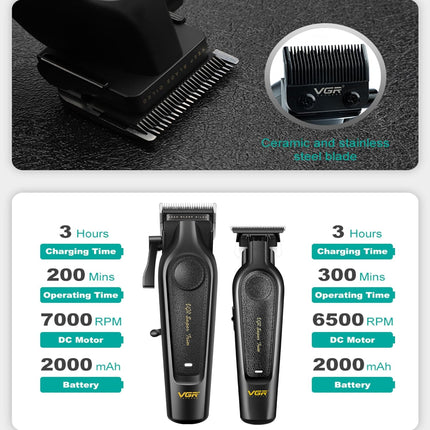 VGR Professional Hair Clippers for Men - Cordless Barber Clippers & Zero Gapped Trimmer Set, 7000RPM High Power Hair Cutting Kit with Ceramic Blade, USB-C Rechargeable Grooming Tools for Fade V197&995