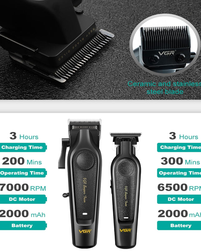 VGR Professional Hair Clippers for Men - Cordless Barber Clippers & Zero Gapped Trimmer Set, 7000RPM High Power Hair Cutting Kit with Ceramic Blade, USB-C Rechargeable Grooming Tools for Fade V197&995