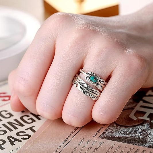 925 Sterling Silver Ring Feather Ring/Feather Black Onyx Rings/Feather Turquoise Rings Adjustable Feather Ring Stacking Ring Vintage Statement Ring for Women