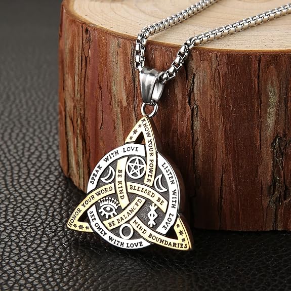 HZMAN Double Sided Stainless Steel Triple Goddess Triquetra Necklace Celtic Knot Irish Christian Trinity Knot Pendant