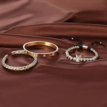 WFYOU 3PCS Stainless Steel Imperial Crown Bracelets for Men Gold Roman Numeral Bangle Bracelet Adjustable Cuff Bracelet Mens Luxury Jewelry Gifts