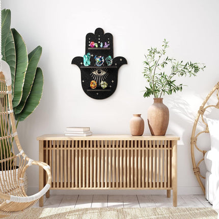 Crystal Shelf Display Rustic Wooden Cat Moon Shelves Moth Hamsa Hand Wolf Crystal Holder Shelves Wooden Floating Shelf for Rock Gemstones Meditation Spiritual Gift for Home Bedroom (Hamsa Hand)