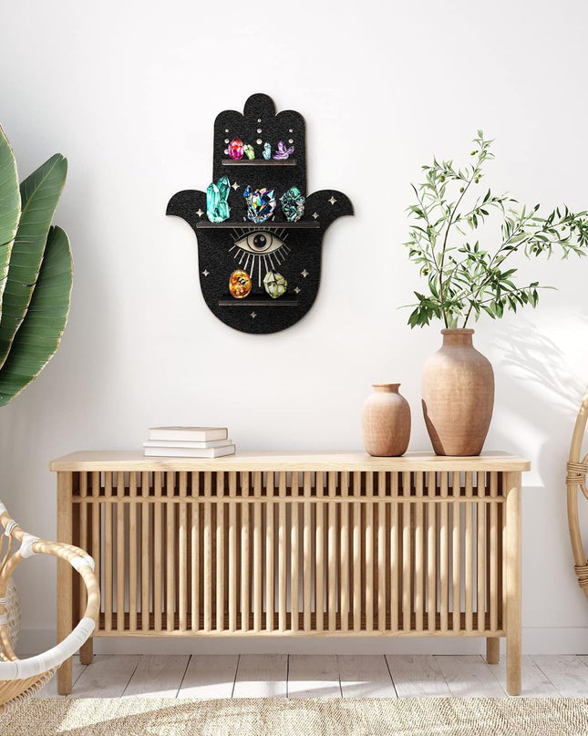 Crystal Shelf Display Rustic Wooden Cat Moon Shelves Moth Hamsa Hand Wolf Crystal Holder Shelves Wooden Floating Shelf for Rock Gemstones Meditation Spiritual Gift for Home Bedroom (Hamsa Hand)