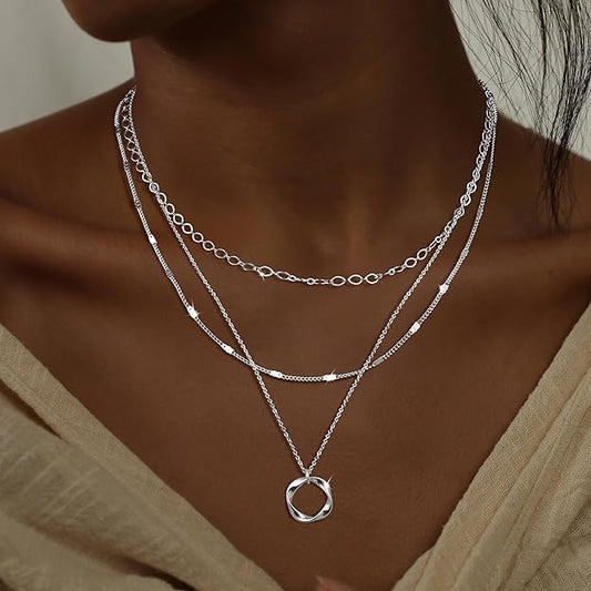 Silver Layered Necklaces for Women, Stackable Dainty Silver Choker Necklaces for Women Trendy Layering Circle Bar Pendant Chain Necklace Fashion Jewelry Set Gifts for Women Teen Girls