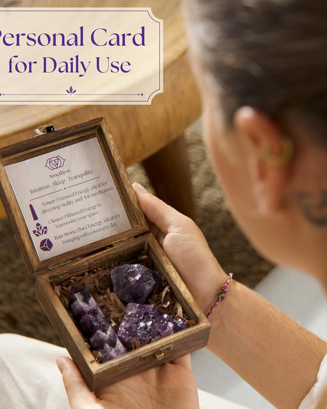 Premium Amethyst Crystal Set – Amethyst Crystal Tower, Cluster and Raw Crystal - Large Crystals and Healing Stones in Wooden Box - Ideal Spiritual Gifts for Women for Meditation, Peace and Sleep