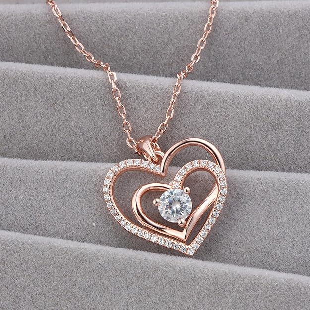 Heart Pendant Necklace for Women,18K Gold Plated S925 Sterling Silver, Cubic Zirconia Double Heart Necklace Chain for Women Girls Birthday Mother's Day Jewelry Gifts