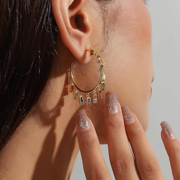 beautlace Colored Zircon Geometric Drip tassel Stud Earrings 18K Gold Plated Round Hoop with Colorful Zirconia Jewelry for Women