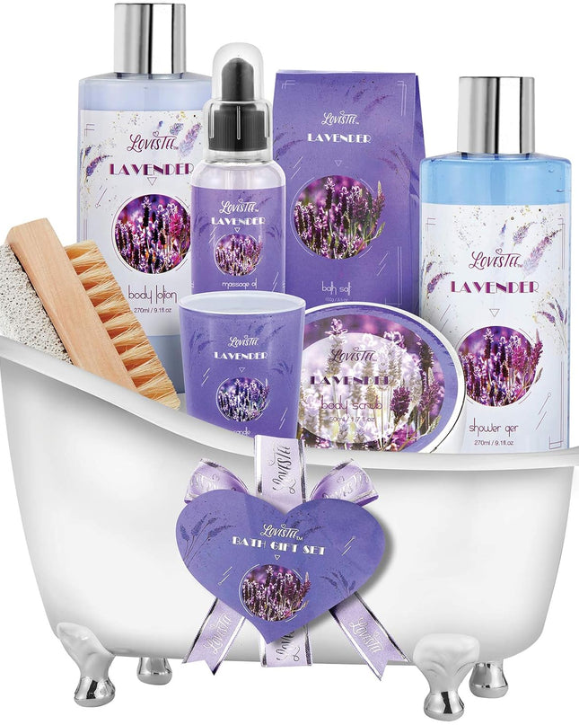Relaxing Lavender Spa Bath Gift Baskets for Women-Girls, Christmas, Birthday, Bath and Body Set-Kit Includes Candle, Essential Oil, Body Scrub, Bath Salt, Body Lotion, Shower Gel and Body Scrub Brush