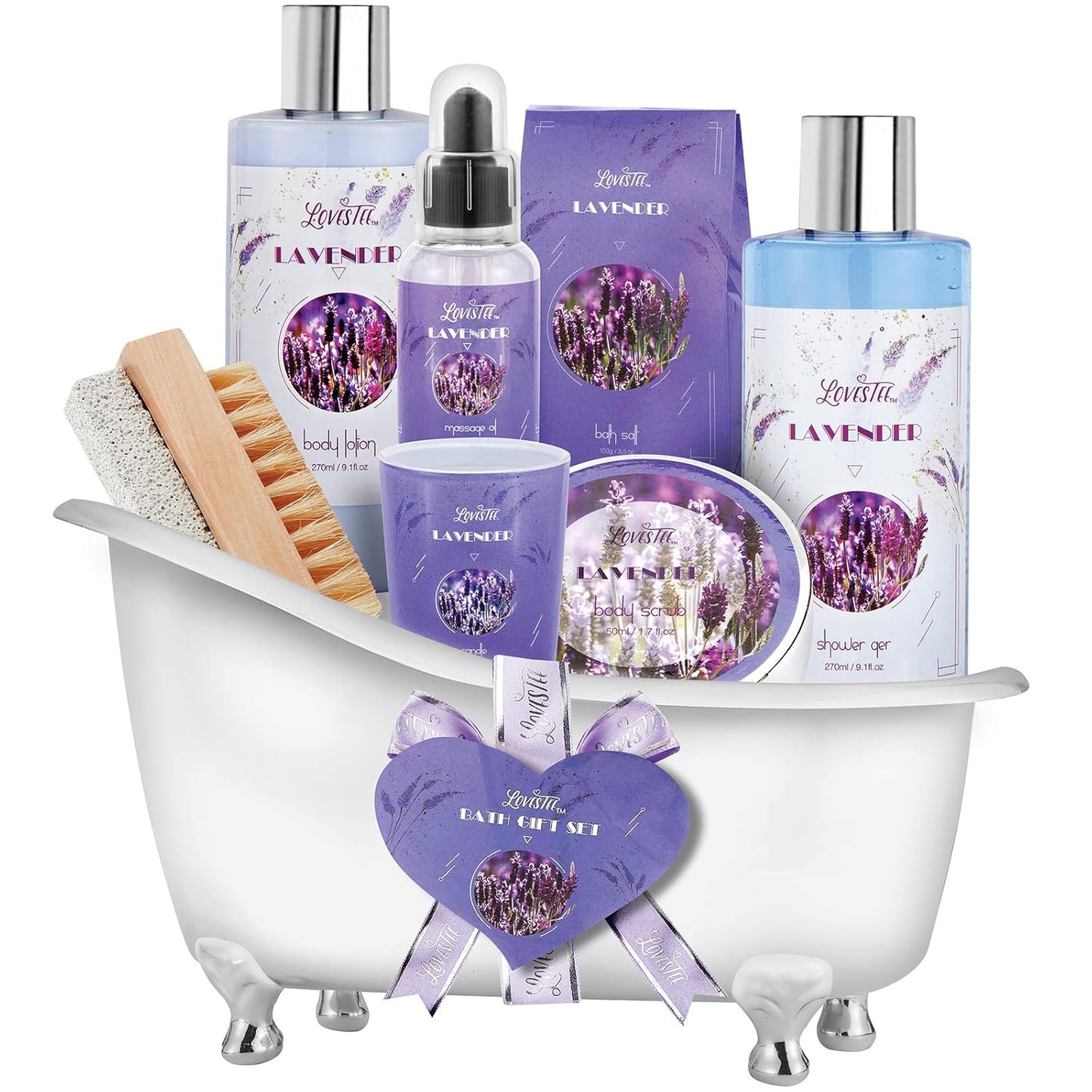 Relaxing Lavender Spa Bath Gift Baskets for Women-Girls, Christmas, Birthday, Bath and Body Set-Kit Includes Candle, Essential Oil, Body Scrub, Bath Salt, Body Lotion, Shower Gel and Body Scrub Brush