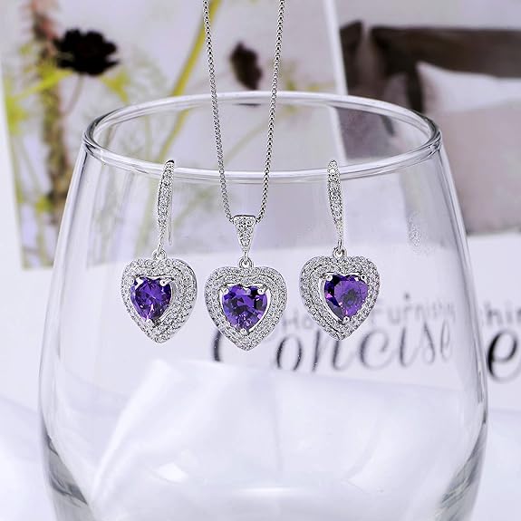 AMYJANE Crystal Jewelry Set Bride Bridesmaid- Sterling Silver Heart Shape Cubic Zirconia Crystal Bridal Pendant Necklace Earrings Set for Women