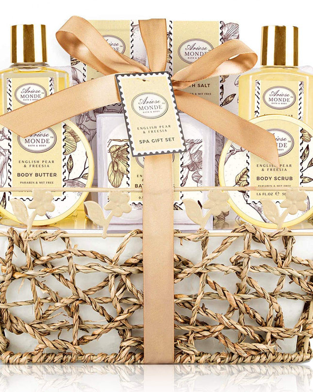 Bath & Shower Spa Gift Basket Set, with English Pear & Freesia Fragrance Bath Gift Basket for Women & Men Includes Body Lotion, Shower Gel, Bath Salts, Bubble Bath, Body Scrub and More, 9 Pcs