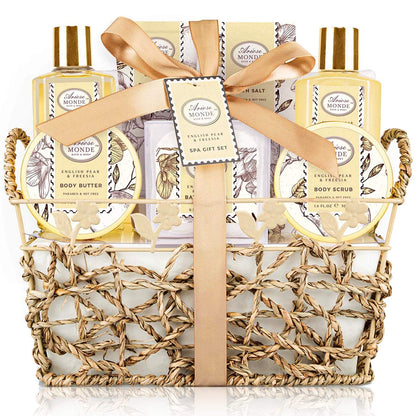 Bath & Shower Spa Gift Basket Set, with English Pear & Freesia Fragrance Bath Gift Basket for Women & Men Includes Body Lotion, Shower Gel, Bath Salts, Bubble Bath, Body Scrub and More, 9 Pcs