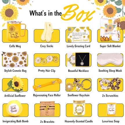 18Pcs Gift Baskets for Women - Sunflower Gifts for Women - Birthday Gifts for Women, Best Friend or Sister - Sunshine Box, Get Well Soon, Unique Gift Set, Care Package For Women, Thinking of You