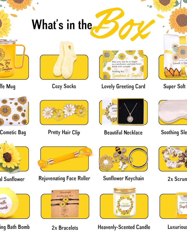 18Pcs Gift Baskets for Women - Sunflower Gifts for Women - Birthday Gifts for Women, Best Friend or Sister - Sunshine Box, Get Well Soon, Unique Gift Set, Care Package For Women, Thinking of You