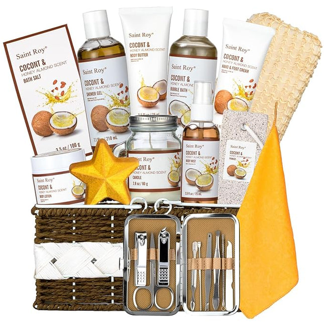 Spa Gift Basket Luxury Bath and Body Basket Set 17-Piece Coconut Honey Almond bath basket for Women for Mom Her Large Luxury Home Spa Kit, Relaxing Self Care Pamper Gifts Birthday Bridal Shower Bath