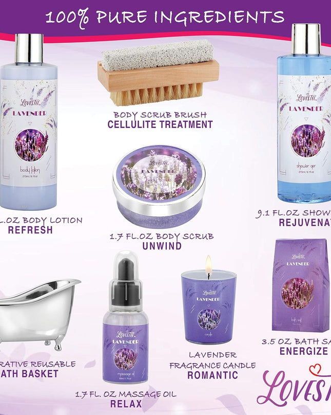Relaxing Lavender Spa Bath Gift Baskets for Women-Girls, Christmas, Birthday, Bath and Body Set-Kit Includes Candle, Essential Oil, Body Scrub, Bath Salt, Body Lotion, Shower Gel and Body Scrub Brush
