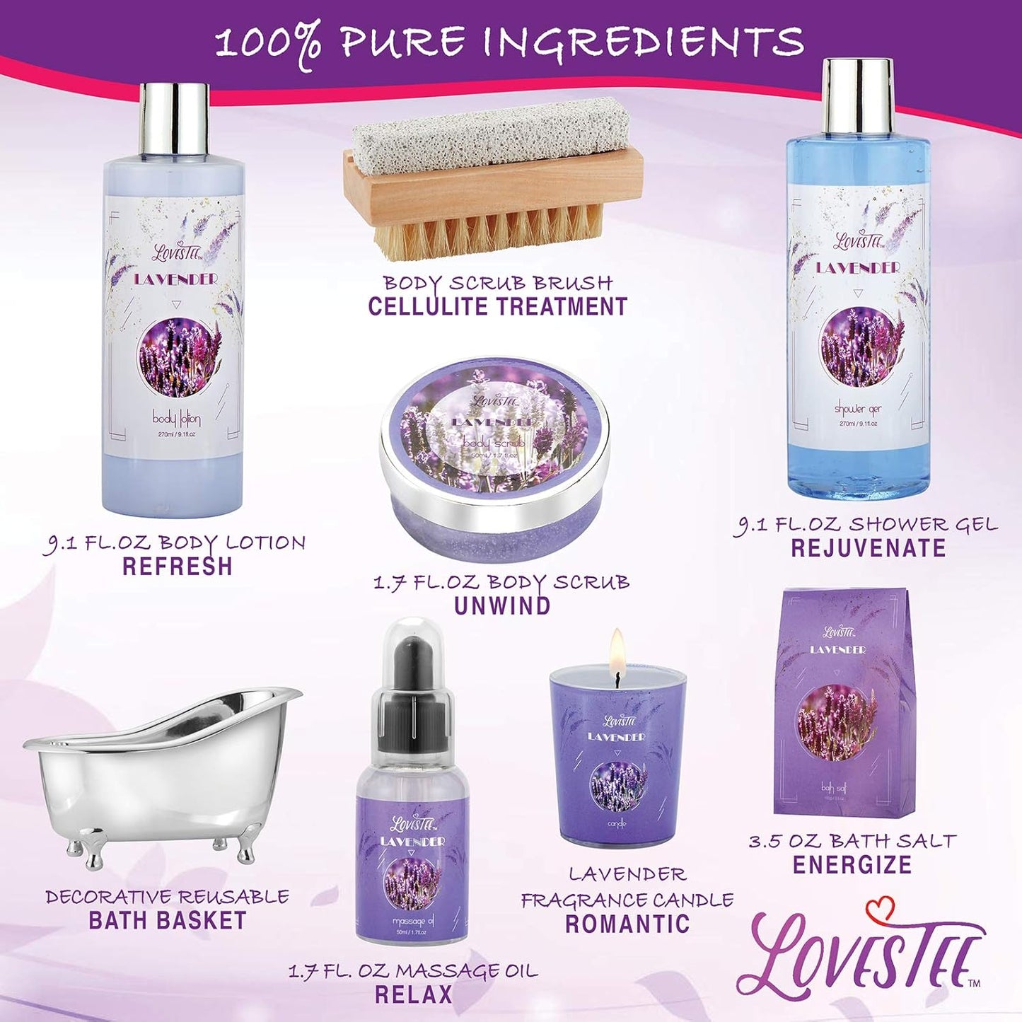 Relaxing Lavender Spa Bath Gift Baskets for Women-Girls, Christmas, Birthday, Bath and Body Set-Kit Includes Candle, Essential Oil, Body Scrub, Bath Salt, Body Lotion, Shower Gel and Body Scrub Brush