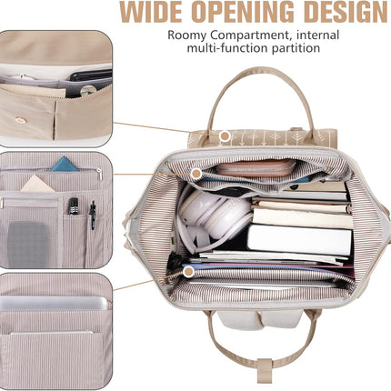 MOMUVO Laptop Backpack for Women with USB Port, Student Bookbag Water Resistant Backpacks Teacher Doctor Nurse Work Stylish Travel Bags, Fits 17-Inch Laptop Khaki Beige