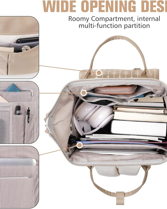 MOMUVO Laptop Backpack for Women with USB Port, Student Bookbag Water Resistant Backpacks Teacher Doctor Nurse Work Stylish Travel Bags, Fits 17-Inch Laptop Khaki Beige