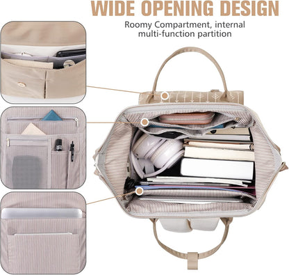 MOMUVO Laptop Backpack for Women with USB Port, Student Bookbag Water Resistant Backpacks Teacher Doctor Nurse Work Stylish Travel Bags, Fits 17-Inch Laptop Khaki Beige