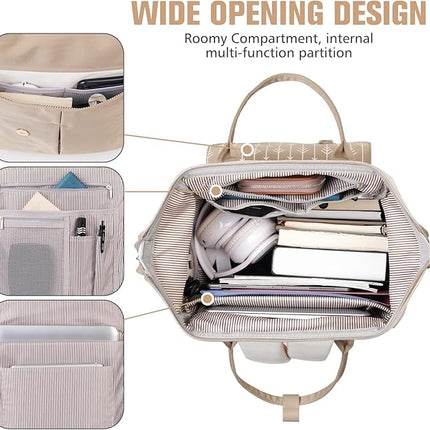 MOMUVO Laptop Backpack for Women with USB Port, Student Bookbag Water Resistant Backpacks Teacher Doctor Nurse Work Stylish Travel Bags, Fits 17-Inch Laptop Khaki Beige