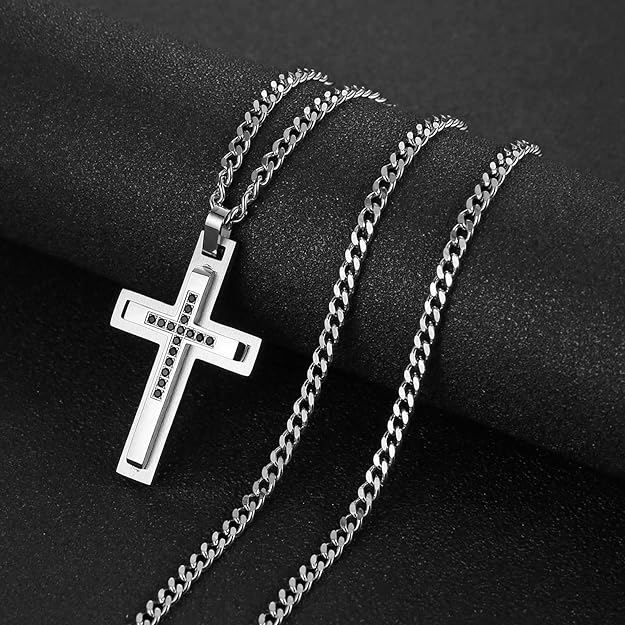 HZMAN Cross Necklace for Men Stainless Steel Polished Double Layer Crucifix Necklace with 24Inch Cuban Chain