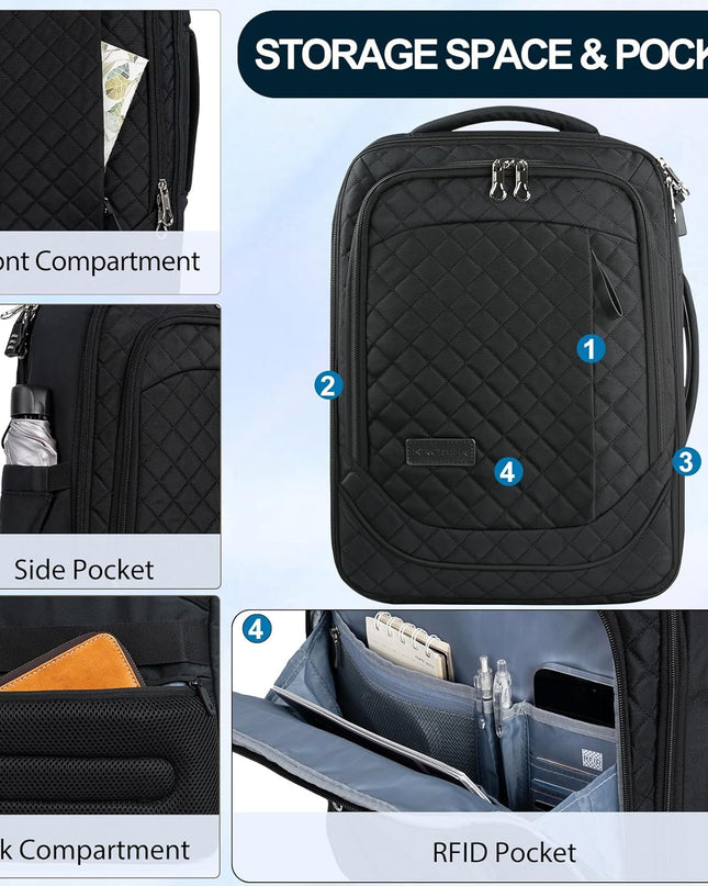 KROSER Laptop Backpack Large Computer Carry On Backpack Fits up to 17.3 Inch Laptop with USB Charging Port Water-Repellent Travel Backpack Casual Daypack for Business/College//Men-Quilted Black