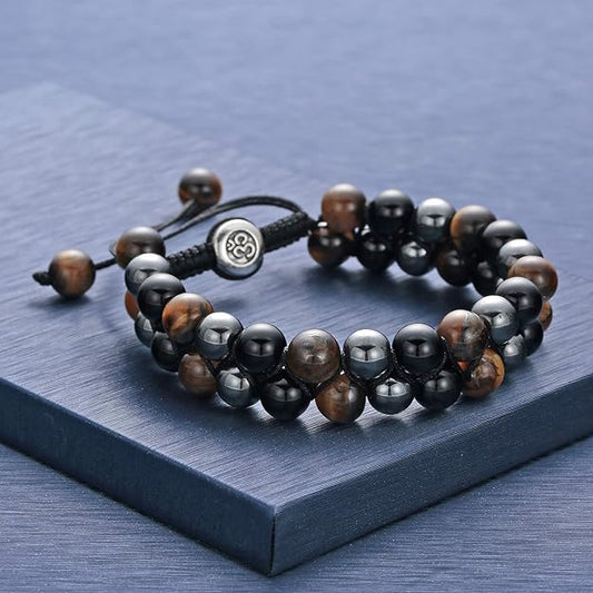 Triple Protection Bracelet Lava Rock Men's Stone Bead Bracelet -Adjustable Tiger Eye