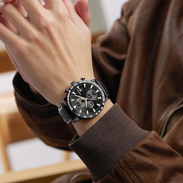 Mens Business Casual Watches Leather Band, Men's Watch with Chronograph Display, Men's Wrist Watches with Day Date Elegant Gift for Men