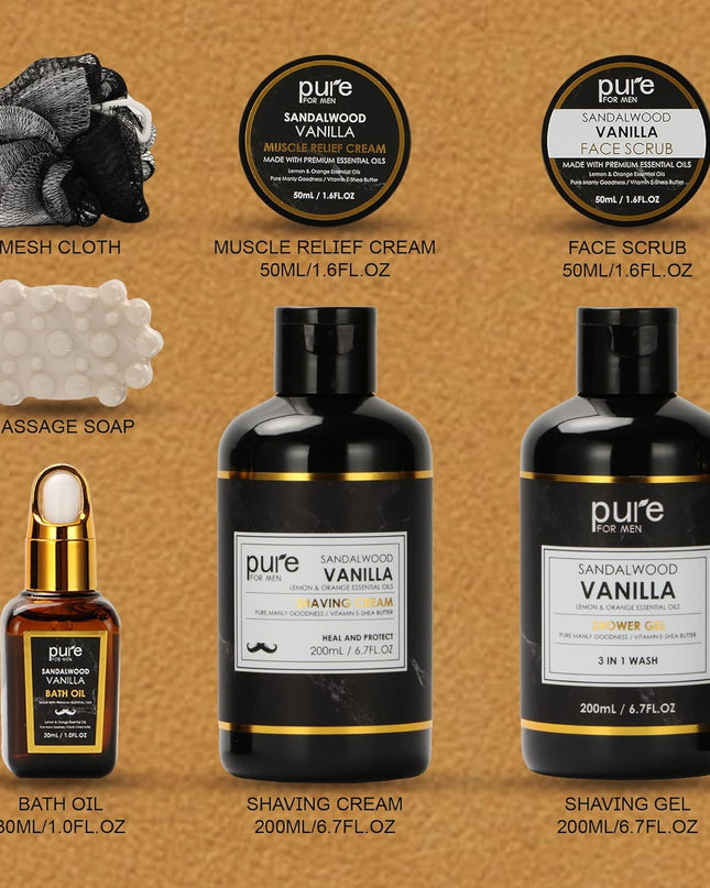 Pure Mens Bath and Body Gift Set. 7 Pc Natural Spa Gift Basket for Men. Spa Gift Set is #1 Ideal Gift for Men That Care about themselves!