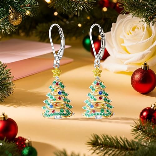 Christmas Earrings Christmas Tree Earrings for Women Sterling Silver Ribbon Green Xmas Tree Colorful Zircon Winter Dangle Studs Holiday Jewelry Gifts
