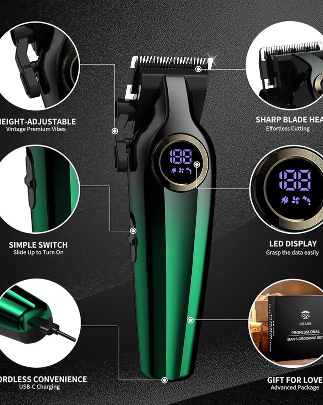 BILLAR Professional Hair Clipper for Men Hair Cutting Kit Men's Beard Trimmer Hair Trimmer Shaver Cordless Barber Clippers and Trimmers（Green）
