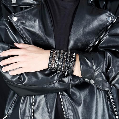 Leather Punk Rock Cuff Bracelets for Men Women Retro Vintage Chain 80s Wristband Set for Man Woman