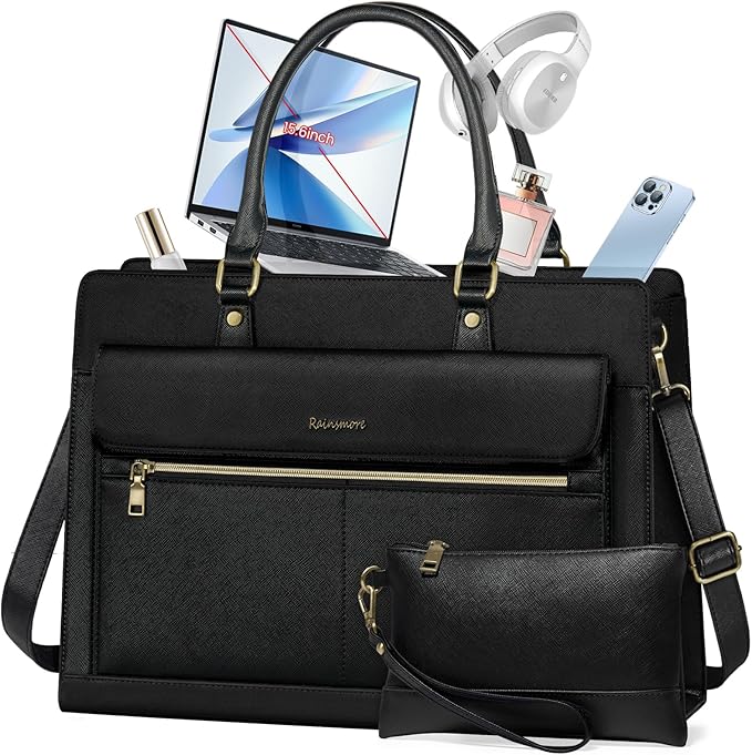 RAINSMORE Laptop Bag for Women 15.6 Inch Laptop Tote Bag Business Office Work Bag Professional Briefcase Waterproof Leather PU Computer Bag Teacher Shoulder Bag Handbag