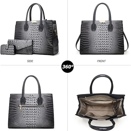 KingTo Women's Bag 3 Pcs Set Luxury Crocodile Pattern Tote Handbag Vegan Leather Wallet Card Top Handle Satchel Purse Set