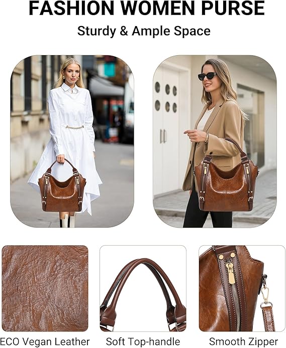 BAVERGE Purses for Women 3PCS, Large PU Leather Handbag Set Hobo Tote with Ladies Crossbody Shoulder Bag Wallet Guitar Strap