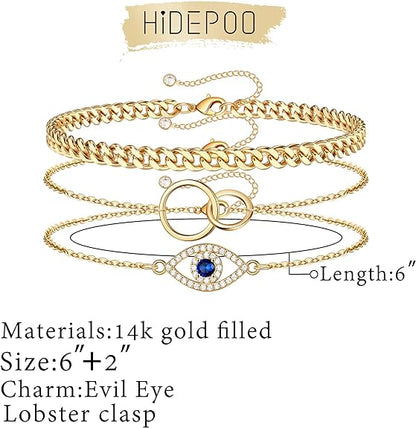 Dainty Layered Evil Eye Bracelets for Women, 14K Gold Filled Adjustable Bead Layering Bracelet Cute CZ Evil Eye Bar Coin Bracelet Gold Layered Paperclip Chain Bracelets for Women Jewelry